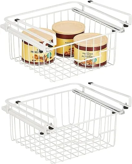 mDesign Compact Hanging Pullout Drawer Basket - Sliding Under Shelf Storage Organizer - Metal Wire - Attaches to Shelving - Easy Install - for Kitchen, Pantry, Cabinet - Silver