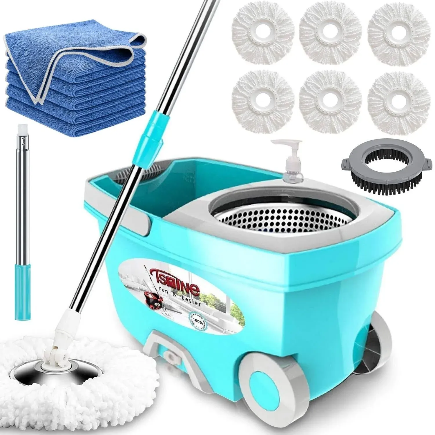 Tsmine Spin Mop Bucket System Stainless Steel Deluxe 360 Spinning Mop Bucket ...