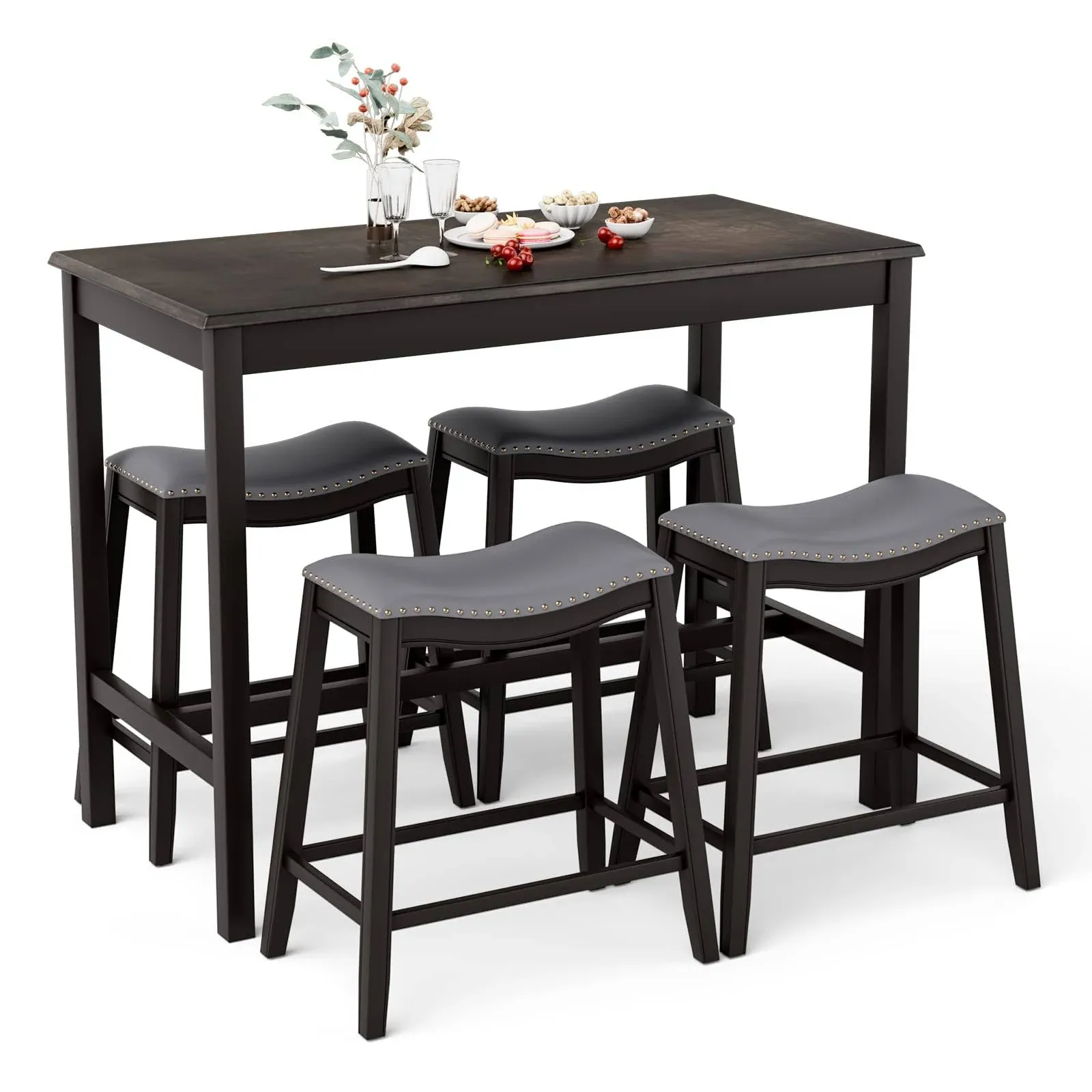 Giantex Dining Table Set for 4, Kitchen Counter Height Table w/4 Stools, Rubber Wood Pub Dinner Table Set