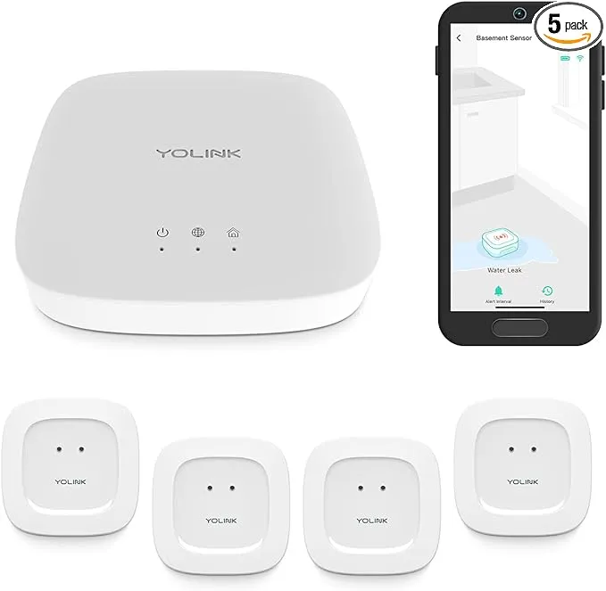 YoLink Smart Home Starter Kit: Hub & Water Leak Sensor 4-Pack, SMS/Text, Email & Push Notifications, LoRa Up to 1/4 Mile Open-Air Range, w/Alexa, IFTTT, Home AssistantYoLink Smart Home Starter Kit: Hub & Water Leak Senso…