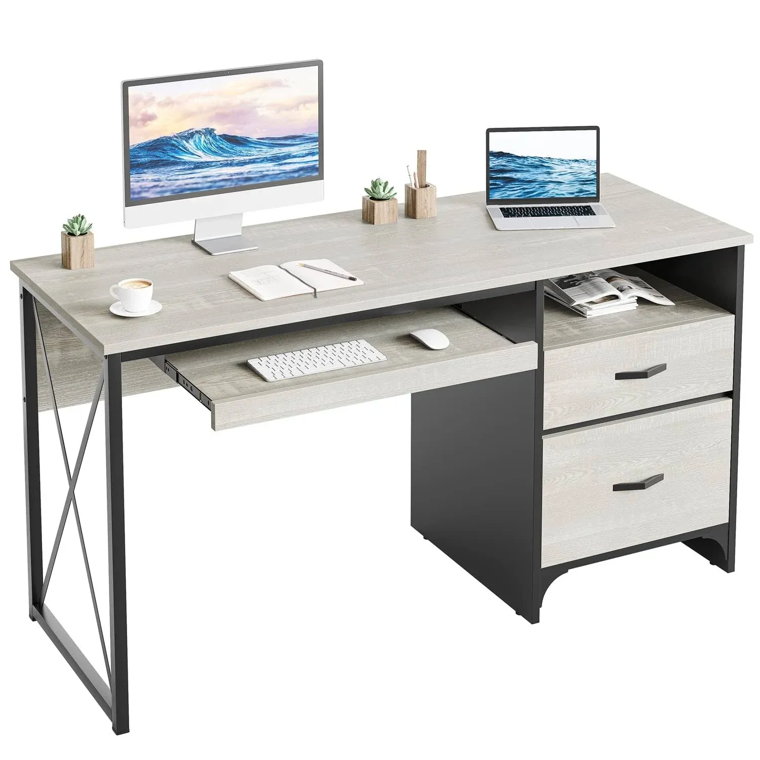 Bestier Office Desk with Drawers, 55 inch Industrial Computer Desk with Storage, Wood Teacher Desk with Keyboard Tray & File Drawer for Home Office, Rustic Brown