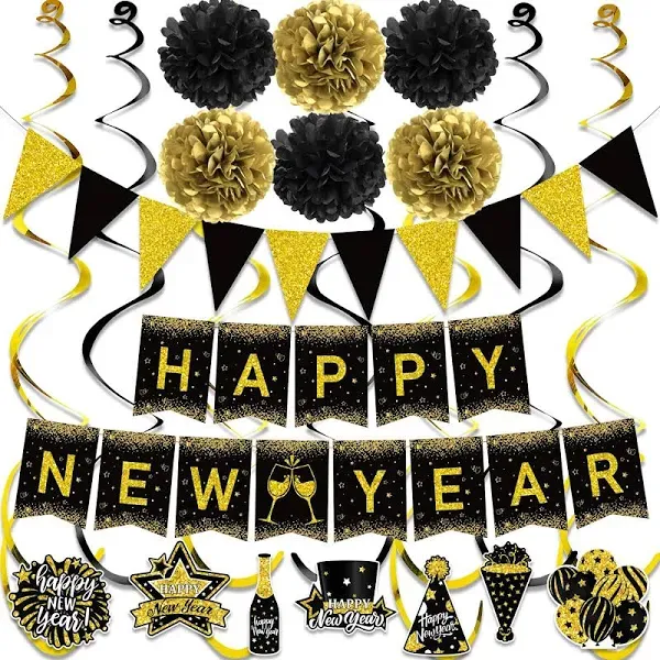 Happy New Year Party Decorations Happy New Year Banner Gold Black Paper Pom P...