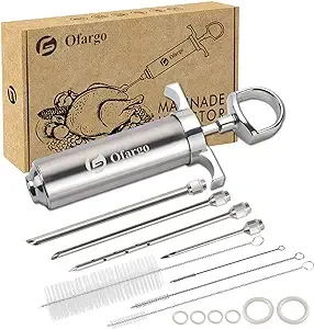 Ofargo 304-Stainless Steel Meat Injector Syringe Kit with 4 Marinade Needles for BBQ Grill Smoker, 2-oz Large Capacity, Both Paper User Manual and E-Book Recipe