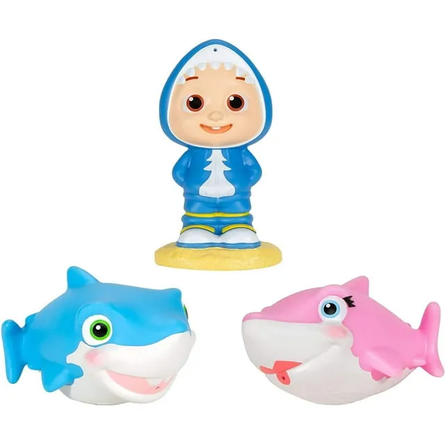 CoComelon Official Bath Squirters, Featuring JJ Character Toy (4” Tall) and 2 Sharks (4” Wide), Bath Time Fun Playset - Character Toys for Babies, Toddlers, and Kids