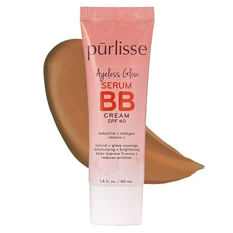 purlisse Ageless Glow Serum BB Cream SPF 40 : Propre et sans cruauté envers les animaux, couverture complète et impeccable, hydrate avec du collagène | Léger moyen 1,4 oz