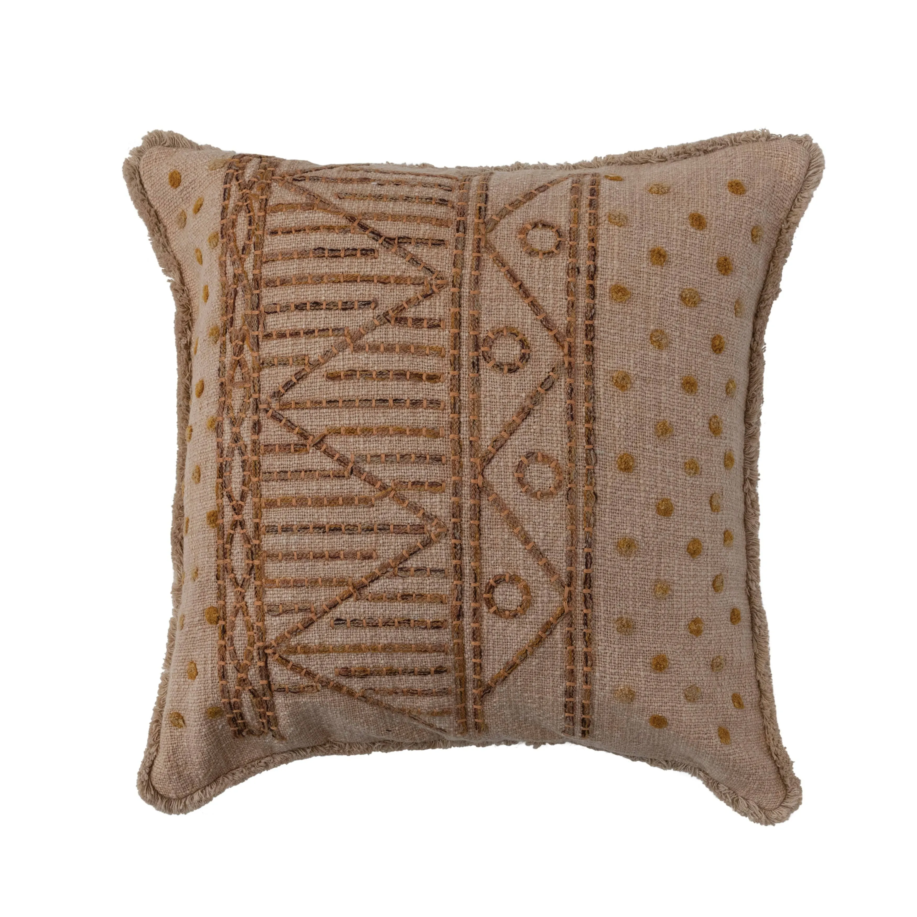 Creative Co-op Cotton Slub Throw Geometric Embroidery and Fringe, Brown Pillow Cover