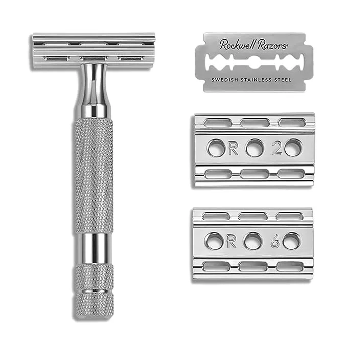 Rockwell Razors 6C Rasierhobel Weiß Chrom Zweischneidiger Rasierhobel für Damen und Herren mit 6 einstellbaren Rasiereinstellungen und 5 vollständig recycelbaren Eco Rasierklingen