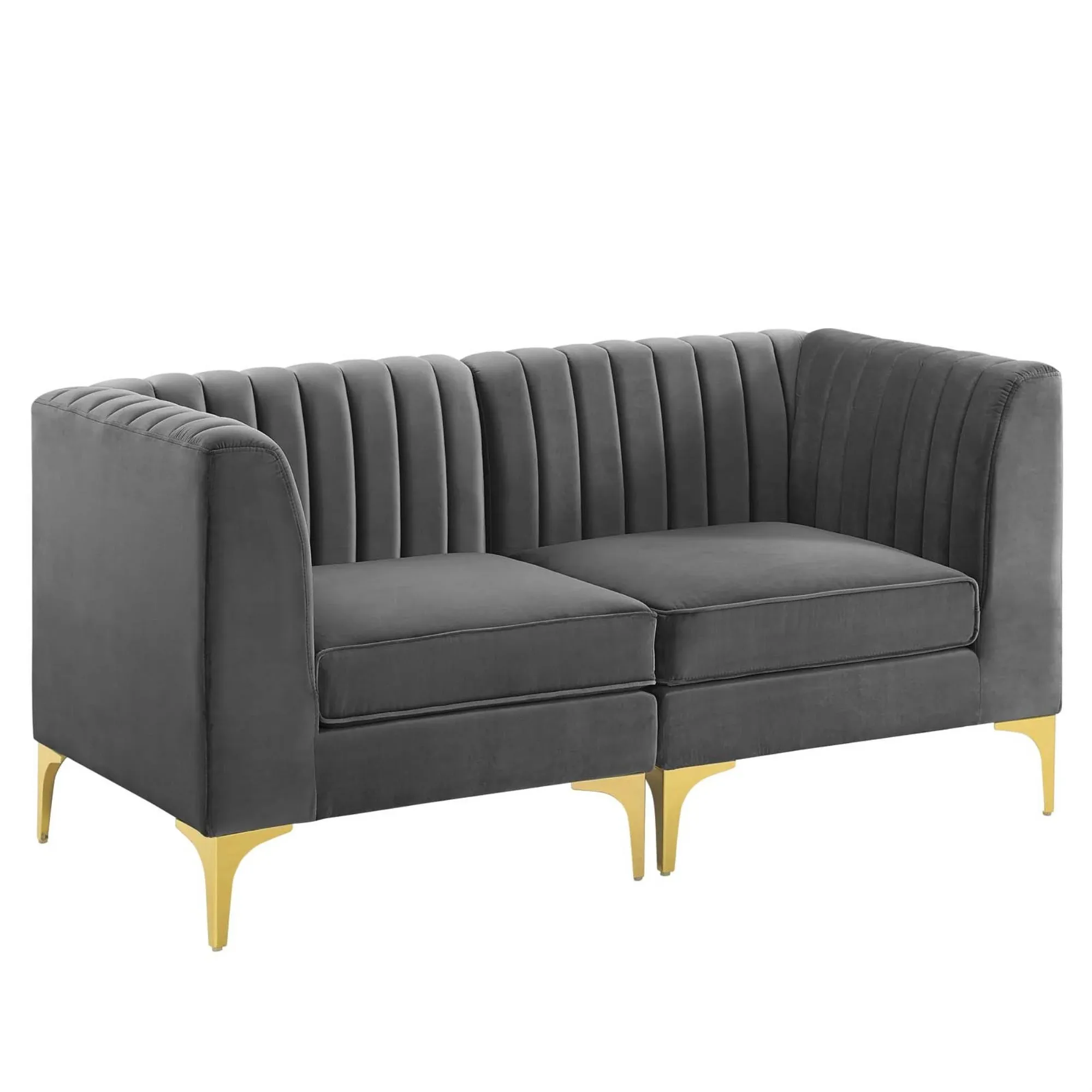 Velvet Channel Tufted Love Seat with Gold Legs