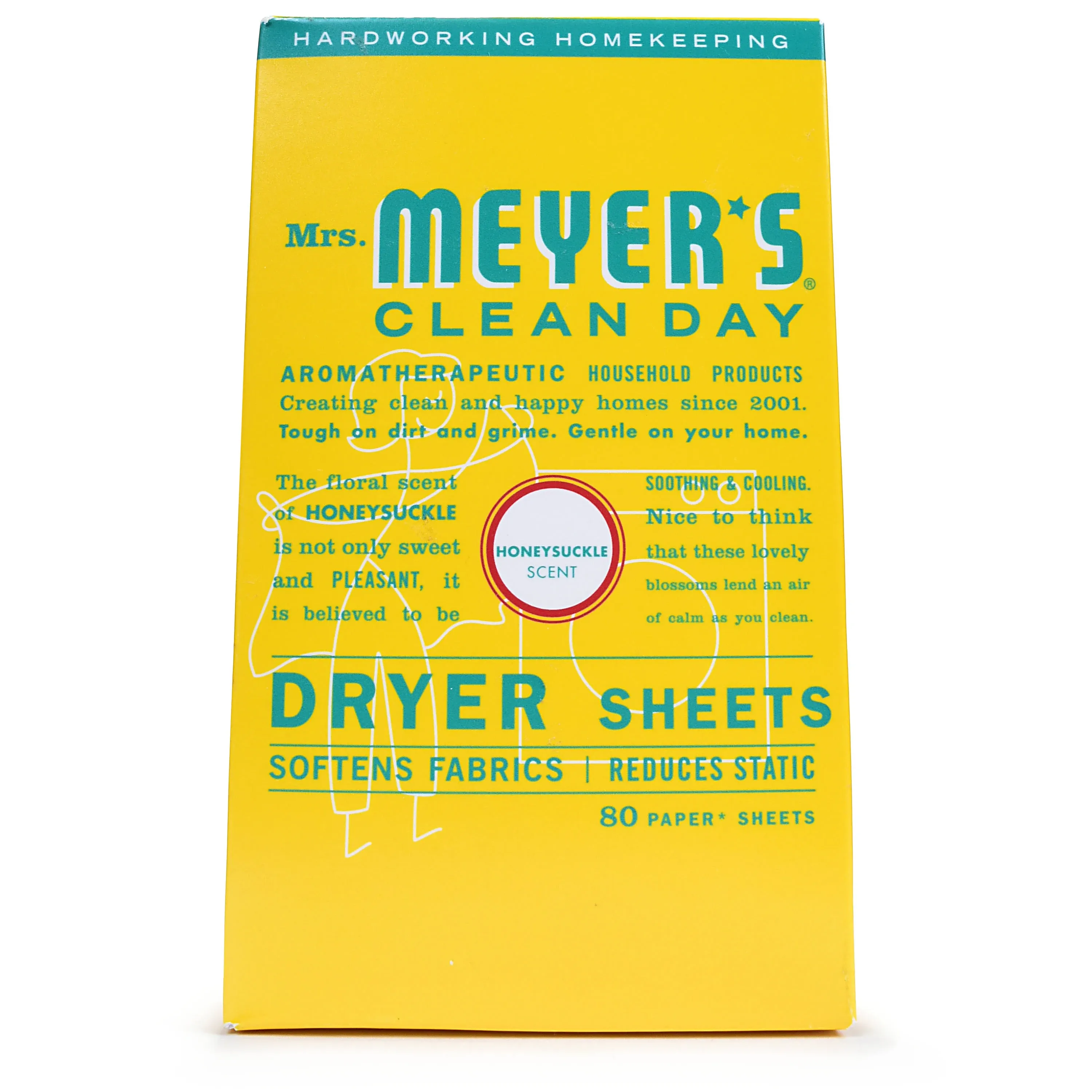 MRS. MEYER'S CLEAN DAY Dryer Sheets, Fabric Softener, Reduces Static, Infused with Essential Oils, Honeysuckle, 80 Count