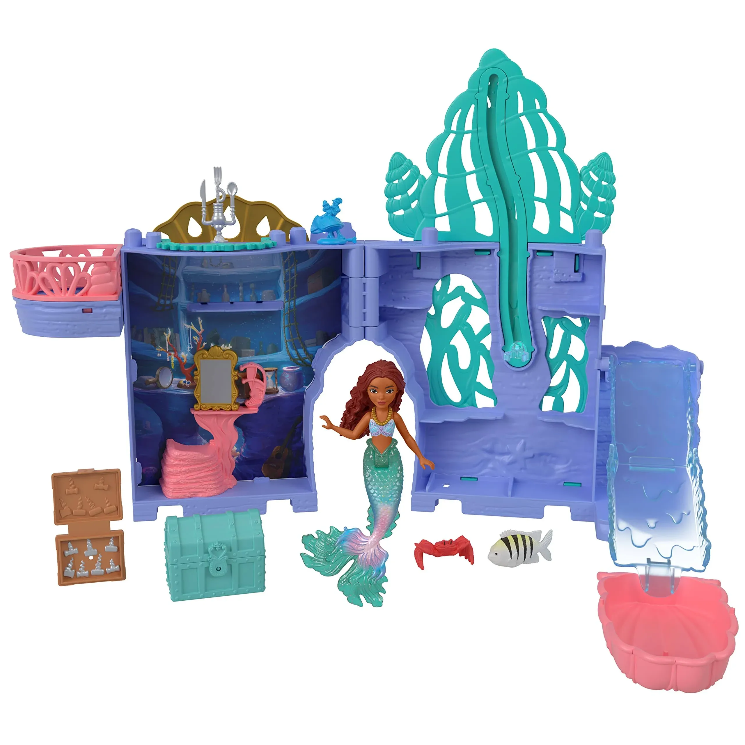 Mattel Disney The Little Mermaid Storytime Stackers Playset, Ariel’s Grotto Stackable Doll House with Small Doll & 10 Accessories