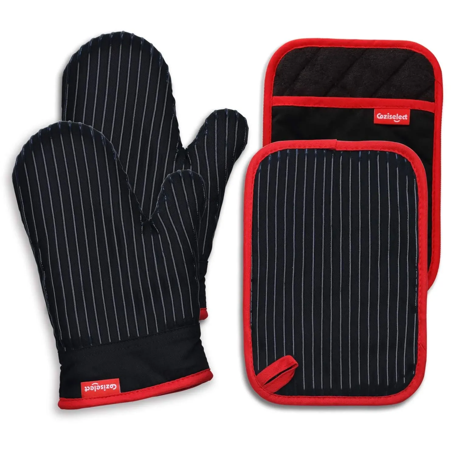 Oven Mitts and Pot Holders Set, Cooking Mitts, Heat Resistant Cooking Mitts and Pot Holders, Silicon Oven Gloves Set for Kitchen, Pure Cotton and Terrycloth Lining, Black, 4 Pcs Set