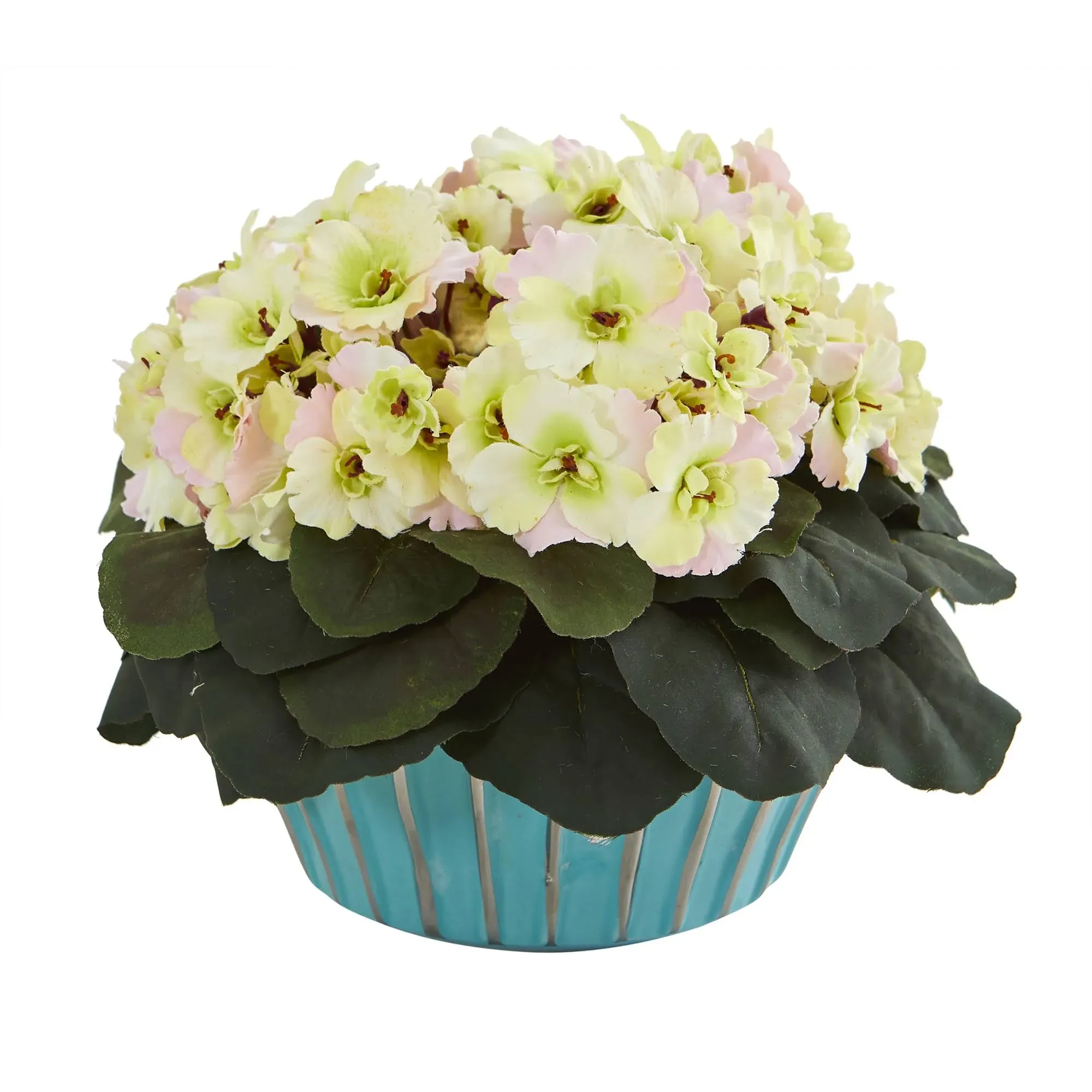 Nearly Natural Mini 9in. African Violet Artificial Turquoise Vase Silk Plants, Cream/Pink