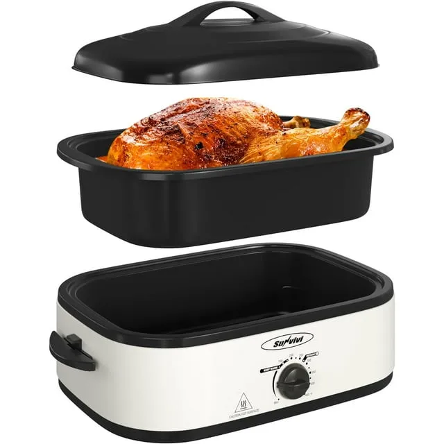 Sunvivi 14-Quart Electric Roaster Oven with Self-Basting Lid, Turkey Roaster Oven with Removable Pan and Rack, Stainless Steel, Silver