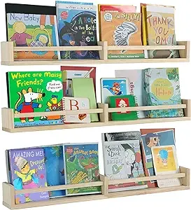 Nursery Bookshelves Wall Mounted，32inch，Set of 3, Wood Floating Wall Bookshelf for Kids,Natural Wood Color,Hanging Shelf for Baby Nursery Room Decor, Pine