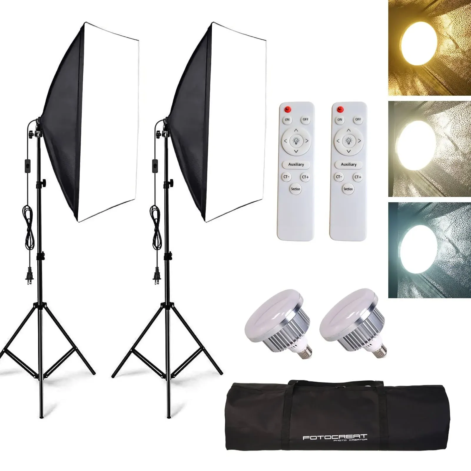 FOTOCREAT Softbox Photography Lighting Kit,19.7"X27.5" Professional Continuous Lighting System with 200W E27 Socket LED Bulbs and Remote,for Portrait