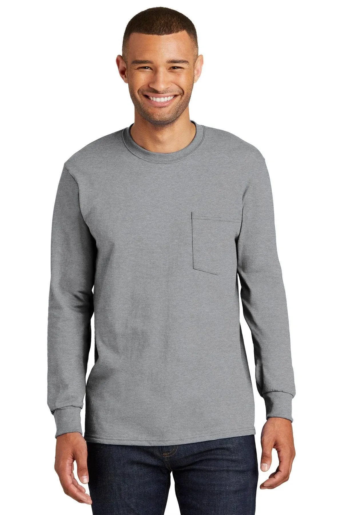 Port & Company Mens Essential Long Sleeve Crewneck T-Shirt w/ Pocket - Heather Grey