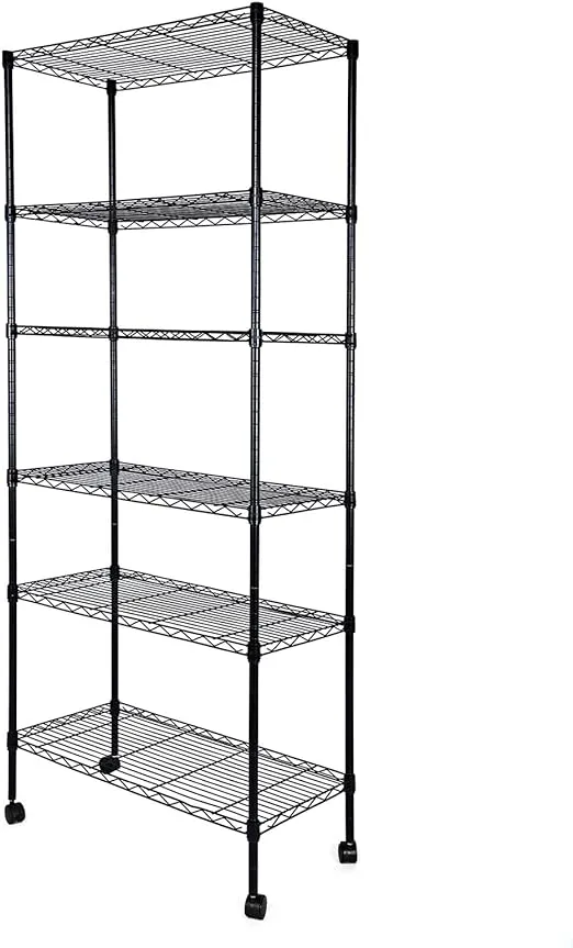 Simple Deluxe Heavy Duty 6-Shelf Shelving with Wheels, with Hanging Hooks, Wire Shelving, Adjustable Storage Units, 29.92'' D x 13.98'' W x 71.65' H, 6 Tier, Black