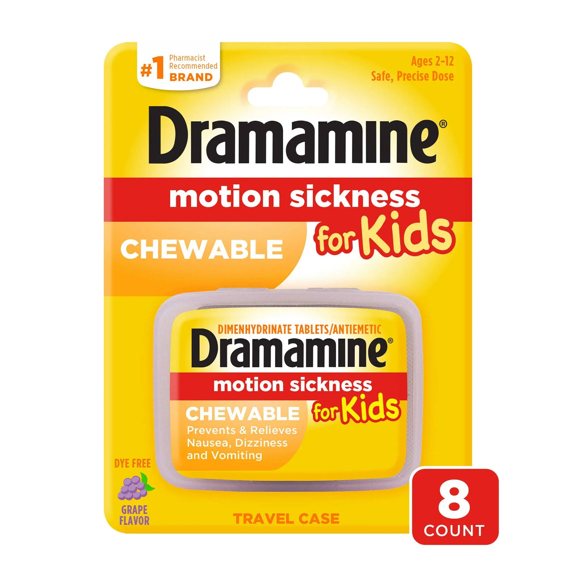 Dramamine Chewable Motion Sickness Relief for Kids, Grape, 8 Count