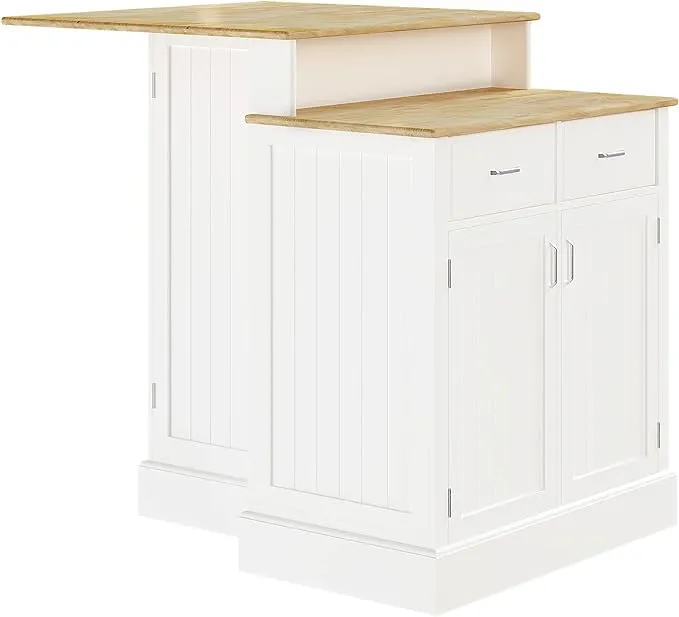 Homcom Kitchen Island with Storage Cabinet and 2-Level Rubber Wood Tabletop, Island Table with Adjustable Shelves and Drawers, White