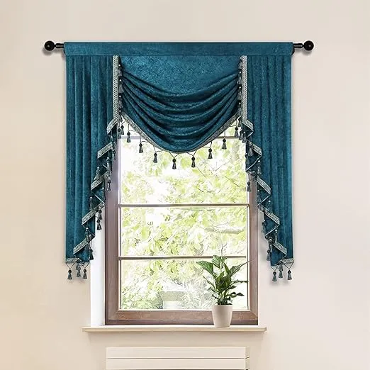 ELKCA Thick Chenille Royal Blue Window Curtains Valance for Living Room Swag ...