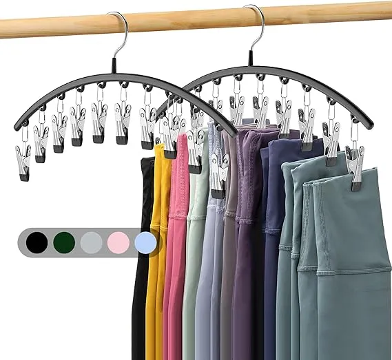 Volnamal Legging Organizer for Closet, Metal Yoga Pants Hangers 2 Pack w/10 Clips Holds 20 Leggings, Hangers Space Saving Hanging Closet Organizer w/Rubber Coated Closet Organizers and Storage, Black