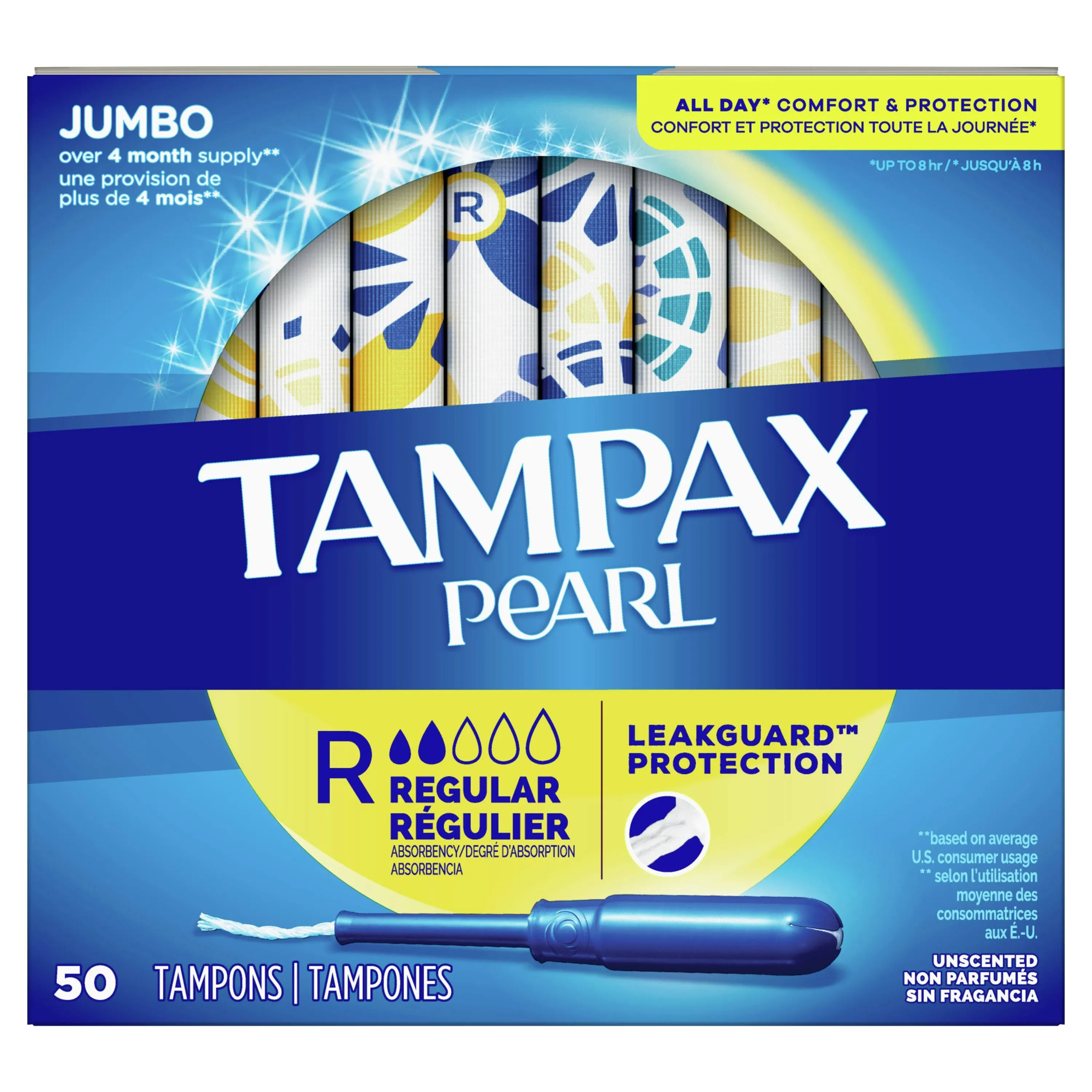 Tampax Pearl Tampons Regular Absorbency with BPA-Free Plastic Applicator and Unscented, 50 Ct