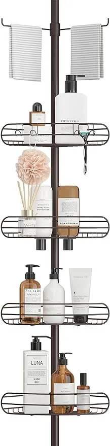 ALLZONE Corner Shower Caddy Tension Pole, 4-Tier Adjustable Shower Shelves, Rustproof Bathroom Shower Organizer Corner and Shower Racks for Inside Shower Storage,56 to 113 Inch Height, Oil Bronze