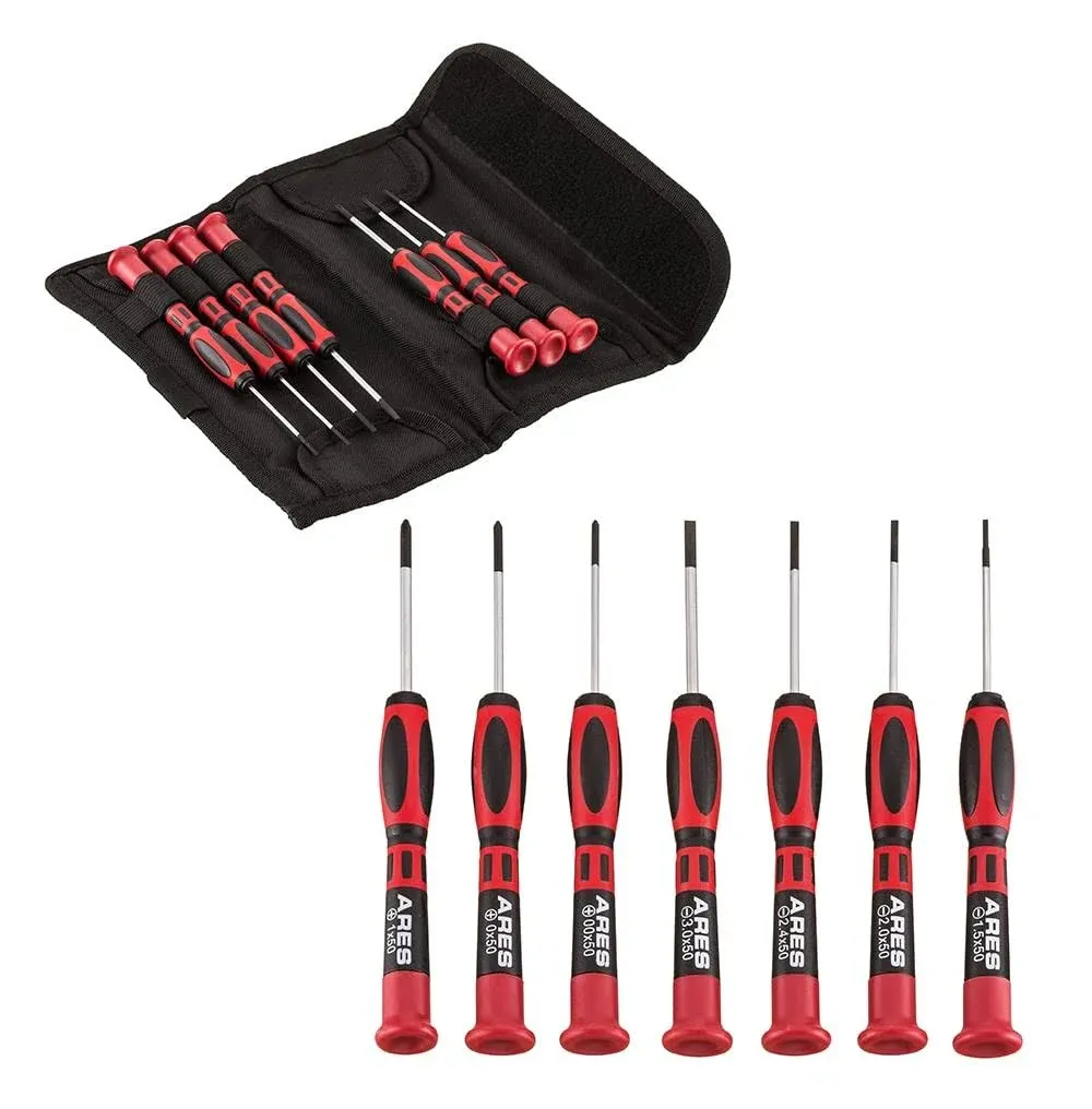 ARES 70600-7-Piece Precision Screwdriver Set - S2 Steel Screwdriver Shafts - Phillips Sizes 00, 0, & 1 - Slotted Sizes 1.5, 2.0, 2.4 & 3.0mm - Convenient Storage Pouch Included