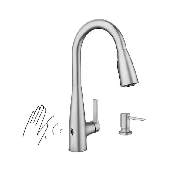 Moen Haelyn Spot Resist Stainless Touchless Single-Handle Pull-Down Sprayer Kitchen Faucet with Soap Dispenser, Features Power Clean for a Faster Wash, 87627EWSRS