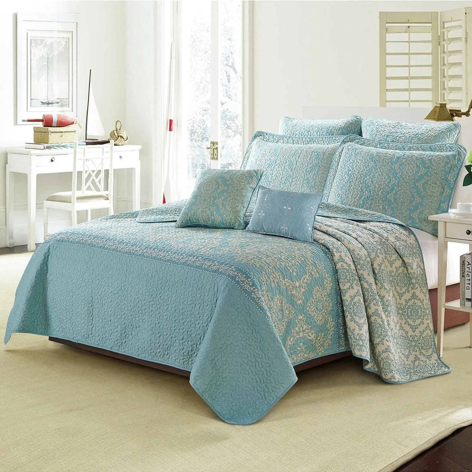 Serenta Mystic Printed Reversible 7 Piece Quilt Bedspread Coverlet Set - Teal ...