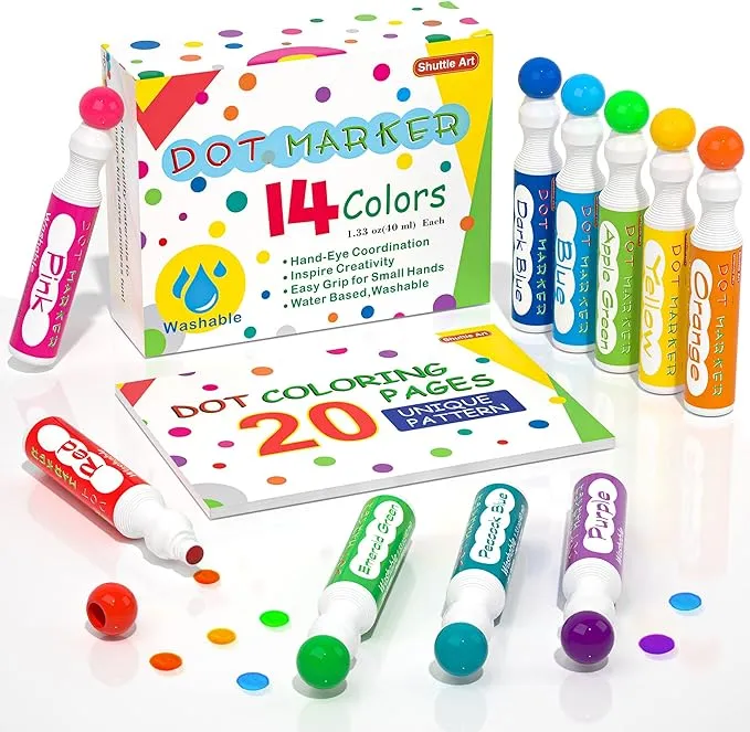 Shuttle Art Dot Markers, 14 Colors Bingo Daubers with 20 Unique Patterns of Dot Book for Toddler Art Activities, Non-Toxic Washable Coloring Markers