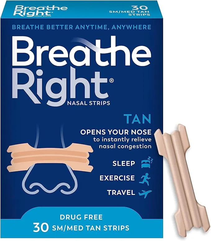 Breathe Right Original Nasal Strips | Tan Nasal Strips | Sm/Med | Help Stop Snoring | Drug-Free Snoring Solution & Instant Nasal Congestion Relief Caused By Colds & Allergies 30ct (packaging may vary)Breathe Right Original Nasal Strips | Tan Nasal Strips