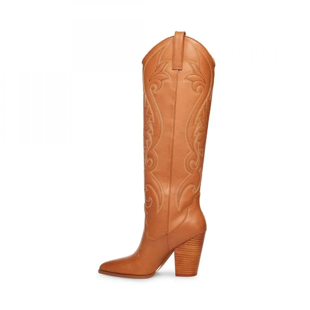 Steve Madden Lasso Cognac Pull On Stacked Block Heel Pointed Toe Knee High Boots