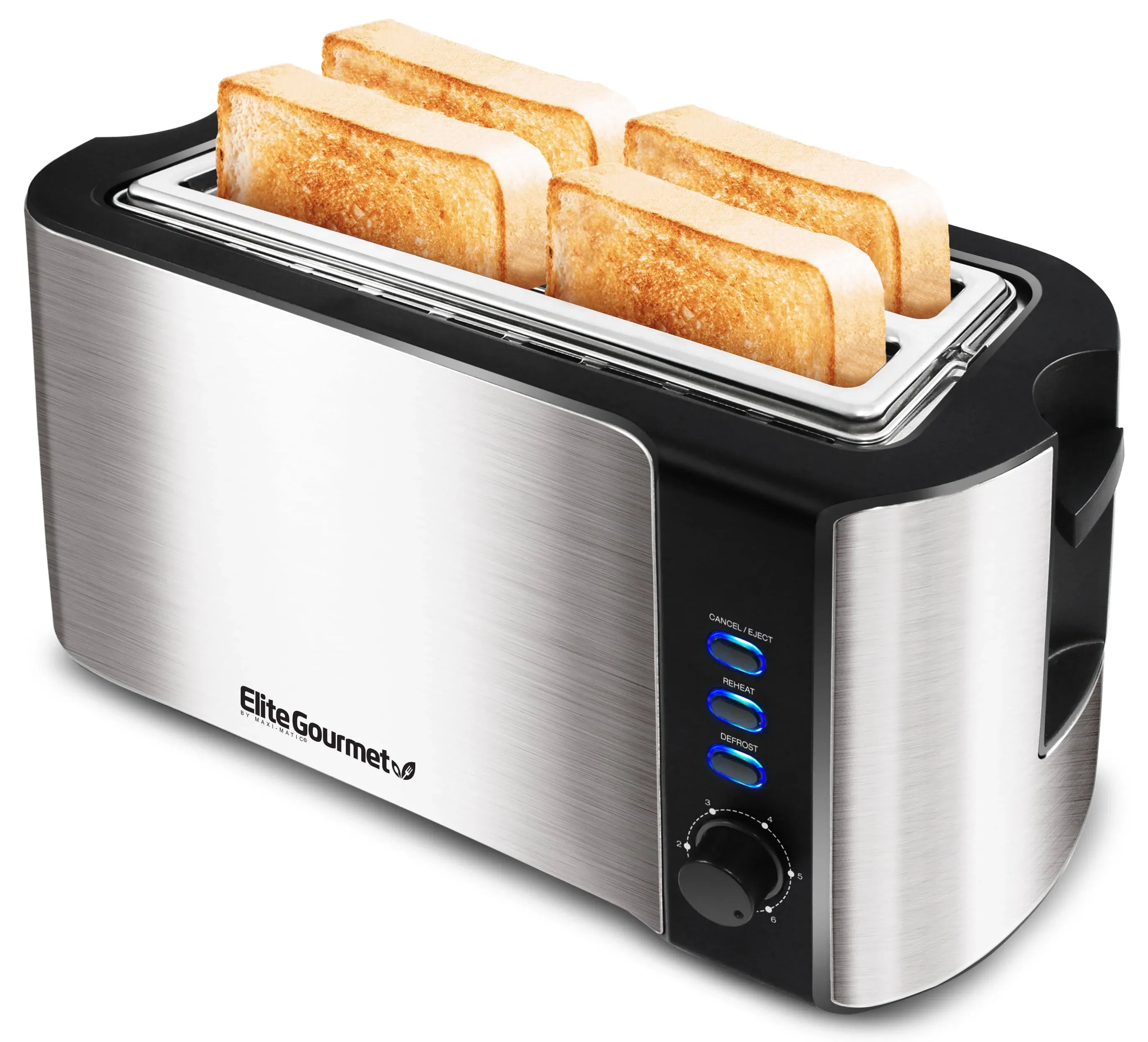 Elite Gourmet ECT-3100 Long Slot 4 Slice Toaster, Reheat, 6 Toast Settings, Defrost, Cancel Functions, Built-in Warming Rack, Extra Wide Slots for Bagels & Waffles, Stainless Steel & Black