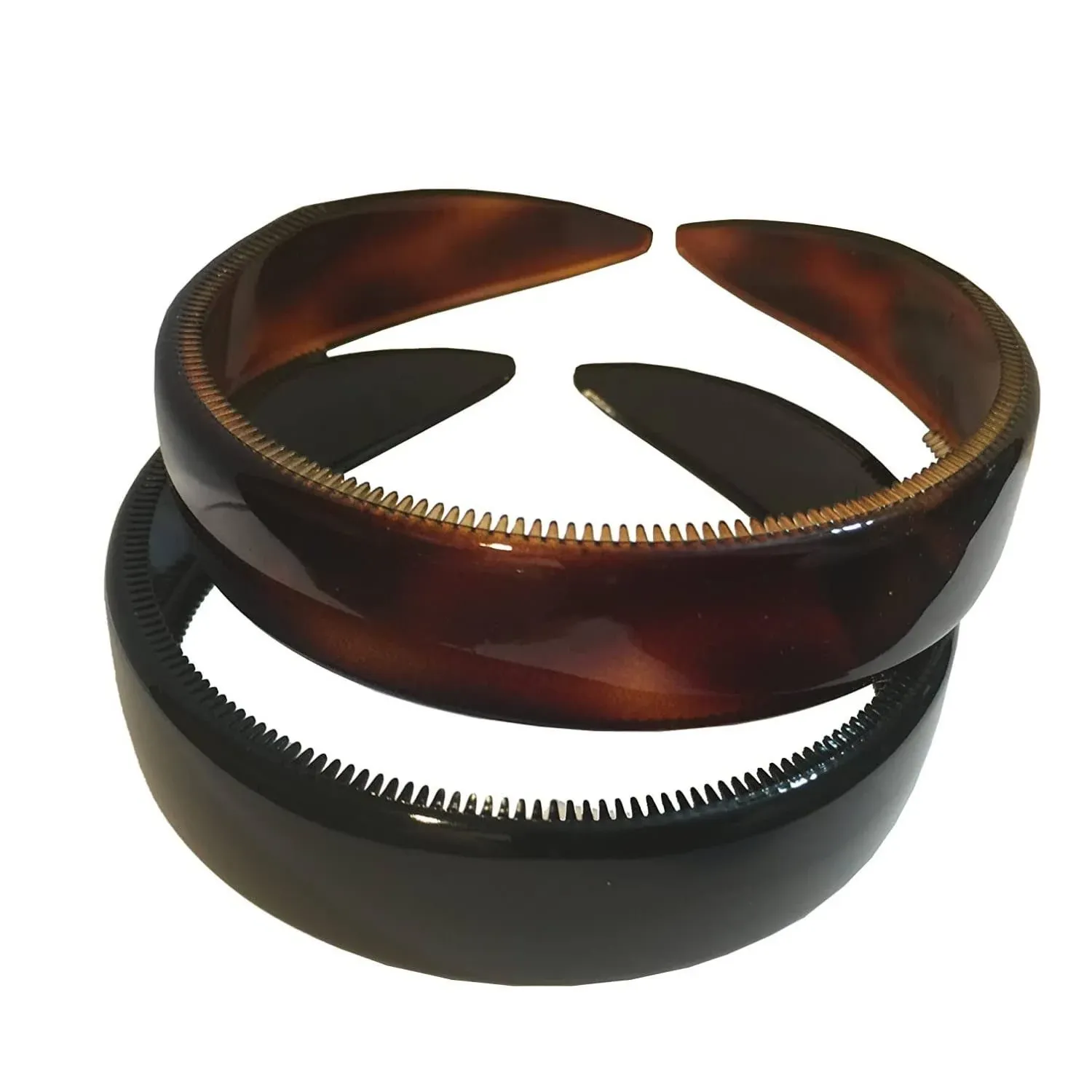 Parcelona French (Set of 2) Wide 1 Inch Tortoise Shell Brown and Black Hair Headbands with Inner Teeth Nibs