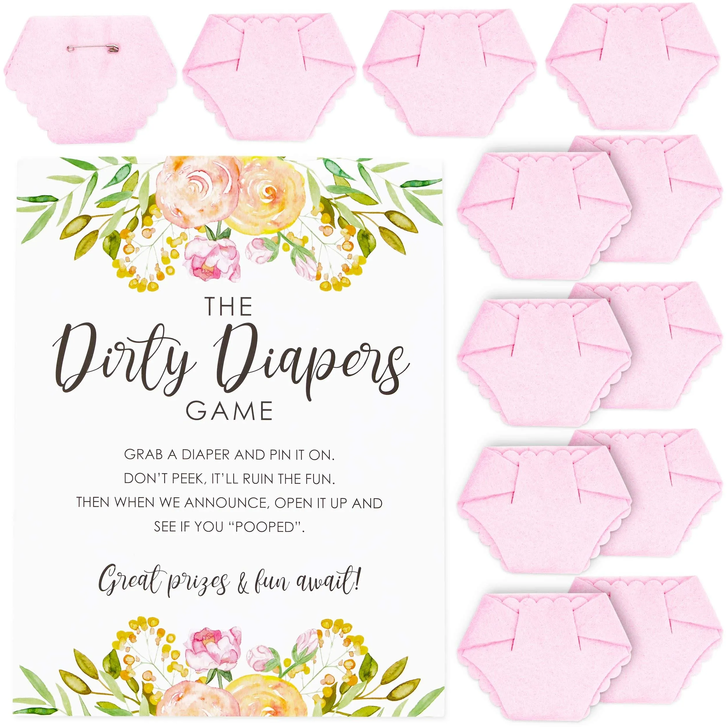 Sparkle and Bash Dirty Diaper Baby Shower Game for Girl with 12 Mini Pink Diapers, 8.5 x 11 Inch Instruction Card Sign