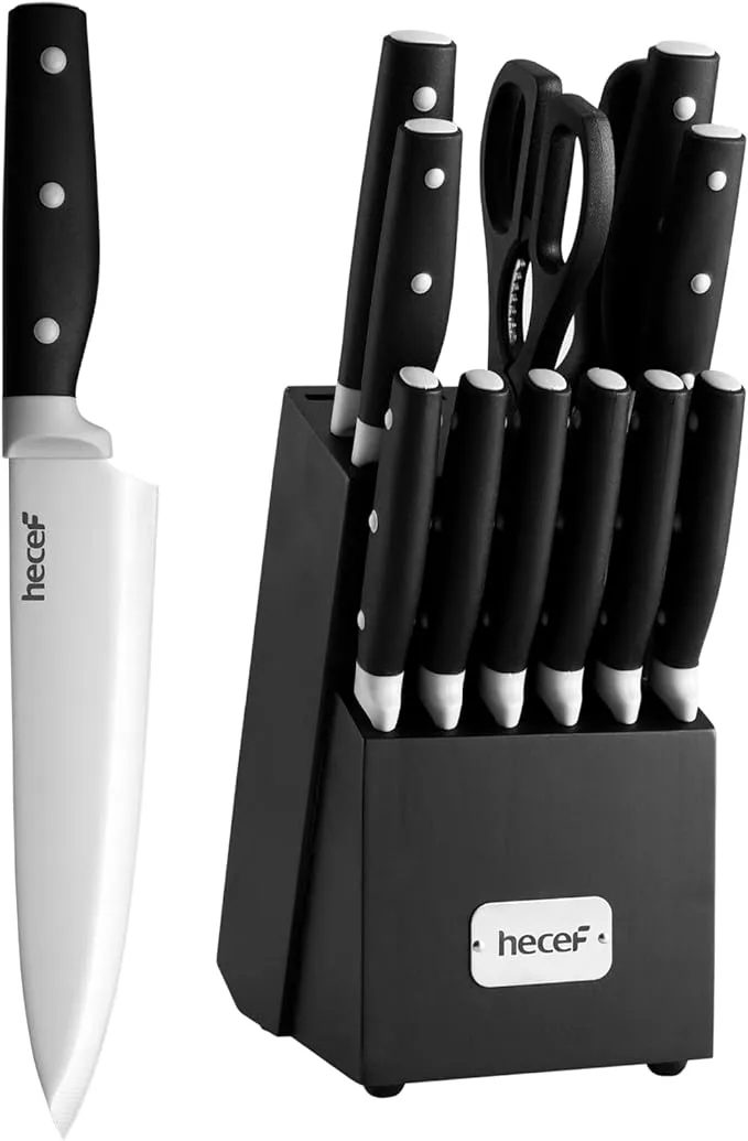 hecef Kitchen Knife Block Set, 14 Pieces Knife Set with Wooden Block & Sharpener Steel & All-purpose Scissors, High Carbon Stainless Steel Cutlery Set (Black)