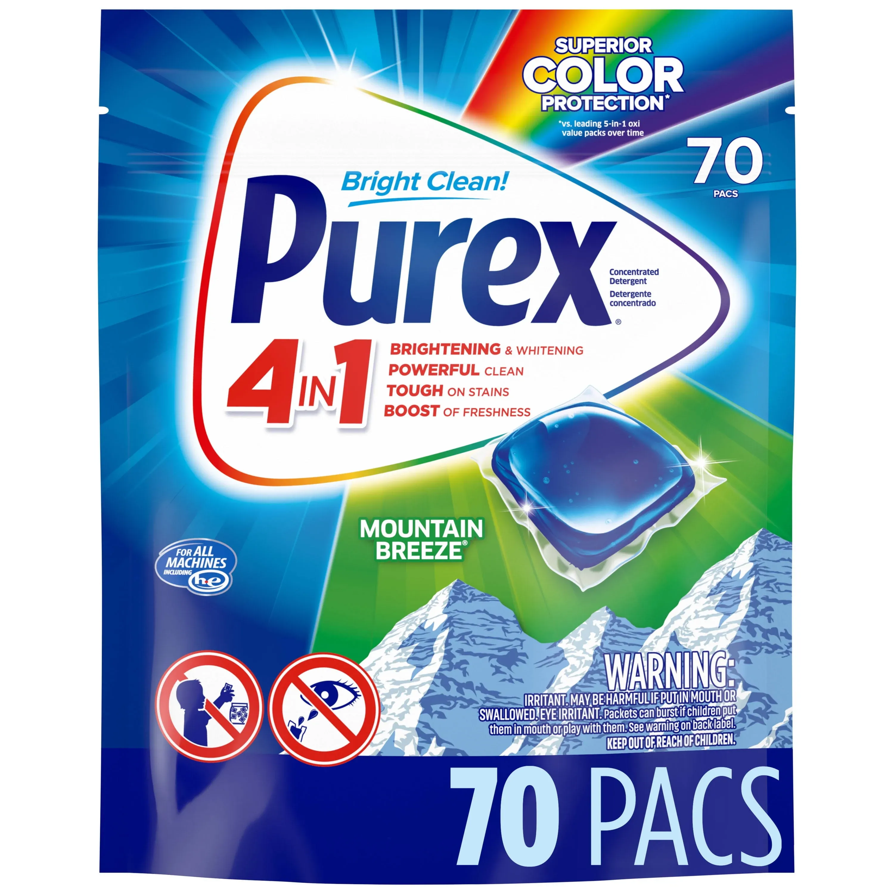 Purex Detergent, Concentrated, HE, 4 IN 1, Mountain Breeze, Pacs - 70 pacs, 1.05 kg