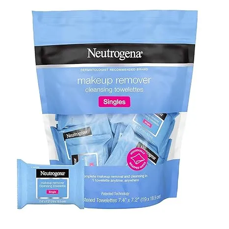 Neutrogena Makeup Remover Cleansing Towelette Singles, Daily Face Wipes to Remove Dirt, Oil, Makeup & Waterproof Mascara, Individually Wrapped, 20 ct (Pack of 2)