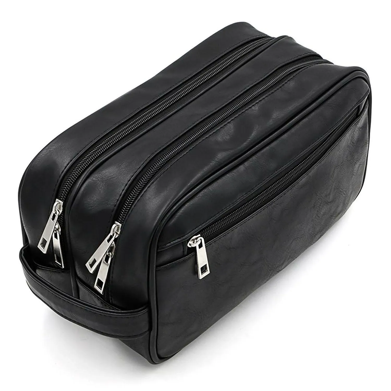 Unisex Outer Zipper Compartment Genuine Leather Black Toiletry Bag by SCIN