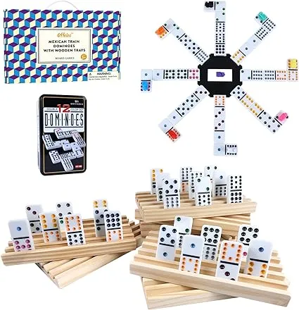 Mexican Train Dominoes Set, 91 Tiles Double 12 Game with 8 Wooden Racks/Trays, Tin Box, and Colorful Trains, Classic Domino Set, Perfect for Kids, Adults, and Families (D12 + 8 Holders)