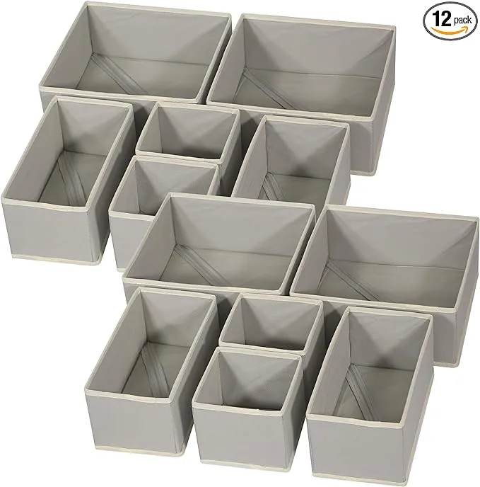 DIOMMELL 12 Pack Foldable Cloth Storage Box Closet Dresser Drawer Organizer Fabric Baskets Bins Containers Divider for Baby Clothes Underwear Bras Socks Lingerie Clothing,Grey 444