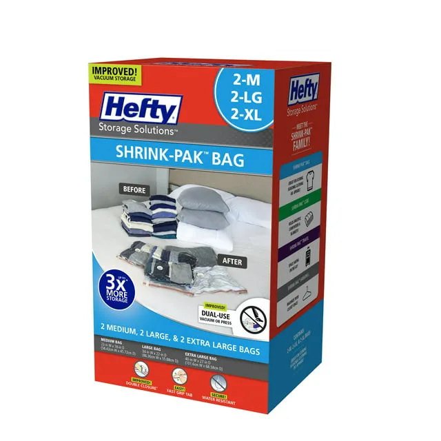 Hefty Shrink-Pak - 2 Medium, 2 Large, 2 XL Vacuum Seal Storage Bags – Space Saver Bags for Clothing, Pillows, Towels, or Blankets, 6 Pc Set