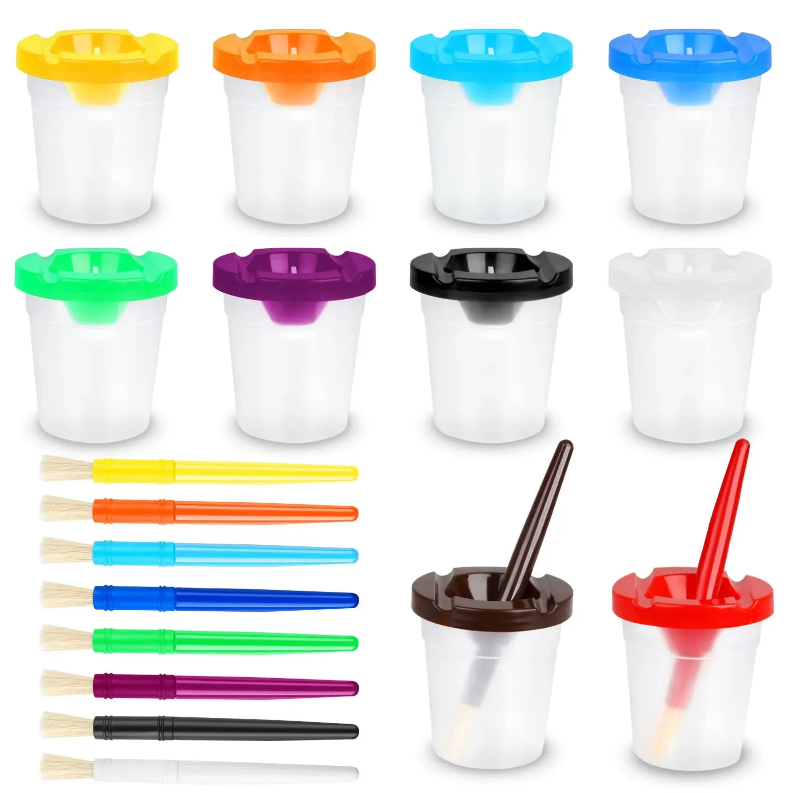 U.s. Art Supply 10 Piece Children's No Spill Paint Cups with Colored Lids and 10 Piece Large Round Brush Set with Plastic Handles