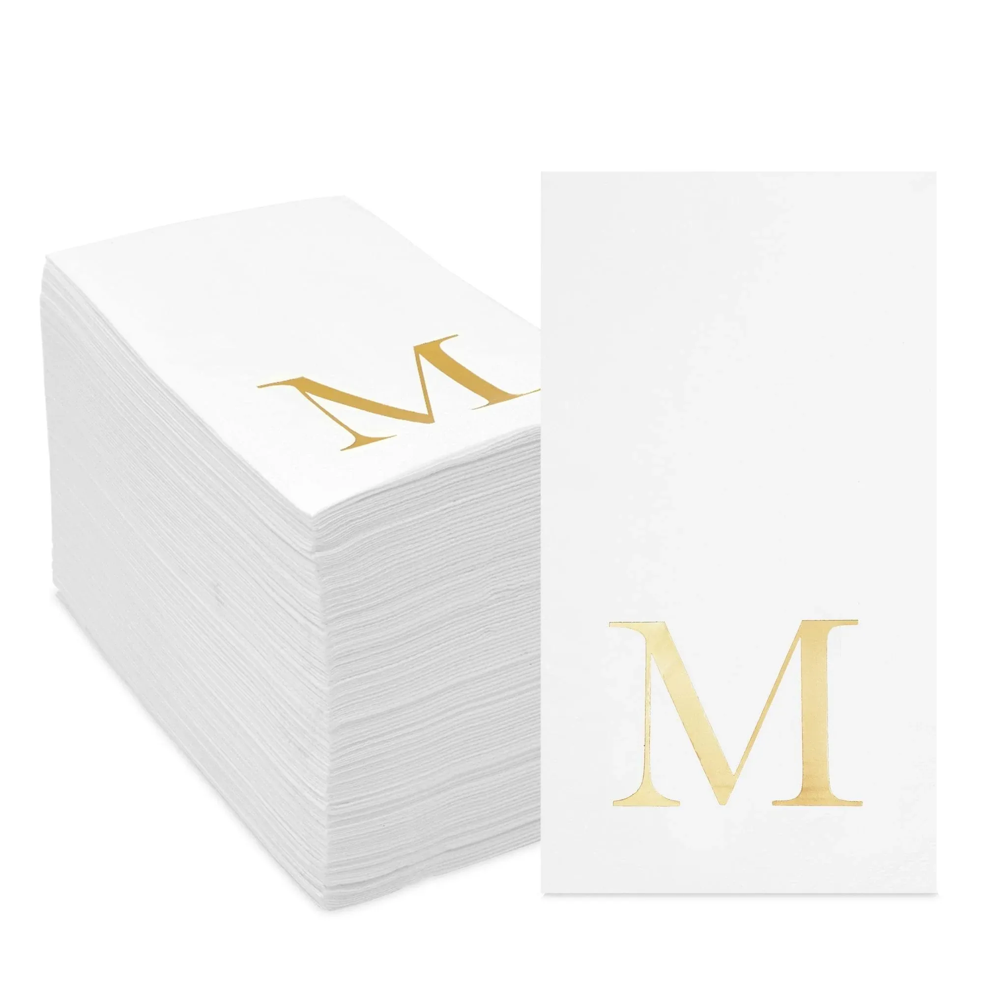 Gold Foil Initial Letter M White Monogram Paper Napkins (4 x 8 In, 100 Pack)