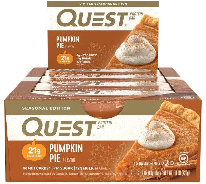 Quest Nutrition Pumpkin Pie Protein Bar, 20g Protein, 4G Net Carb, 1G Sugar, Gluten Free, 12 Count