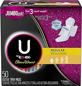 U by Kotex CleanWear Ultra Thin Feminine Pads with Wings, Regular, Fragrance-Free, 50 Count