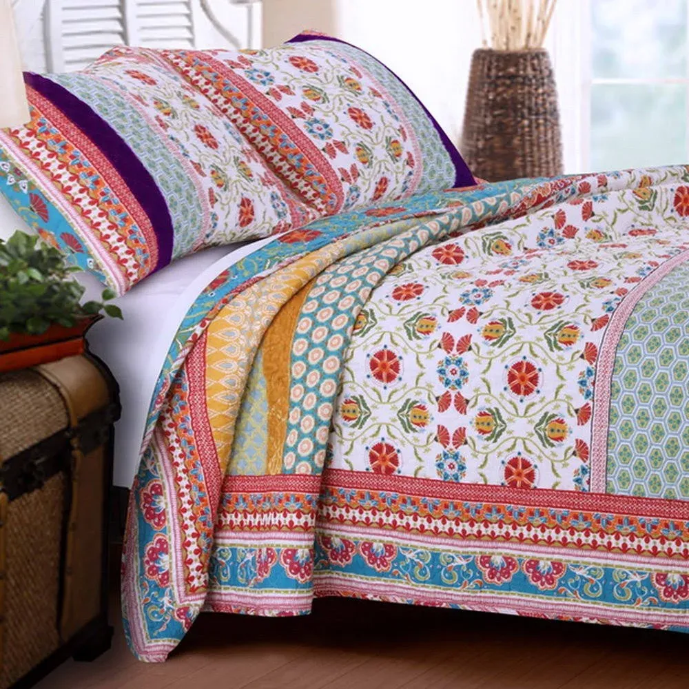 Quilt Set 100 Cotton 3 Piece with Shams King Size Reversible Retro Bohemian Style ...