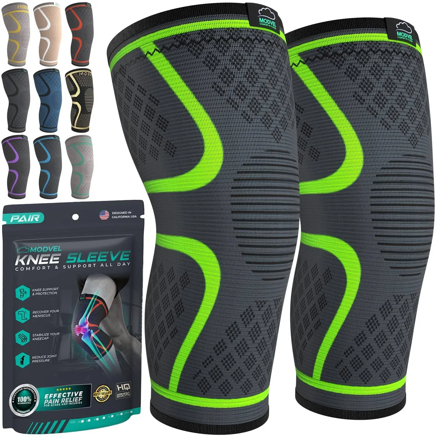 Modvel Knee Braces for Knee Pain Women & Men - 2 Pack Knee Brace for Knee Pain Set, Knee Brace Compression Sleeve, Knee Support for Knee Pain Meniscus Tear, ACL & Arthritis Pain Relief,Green L