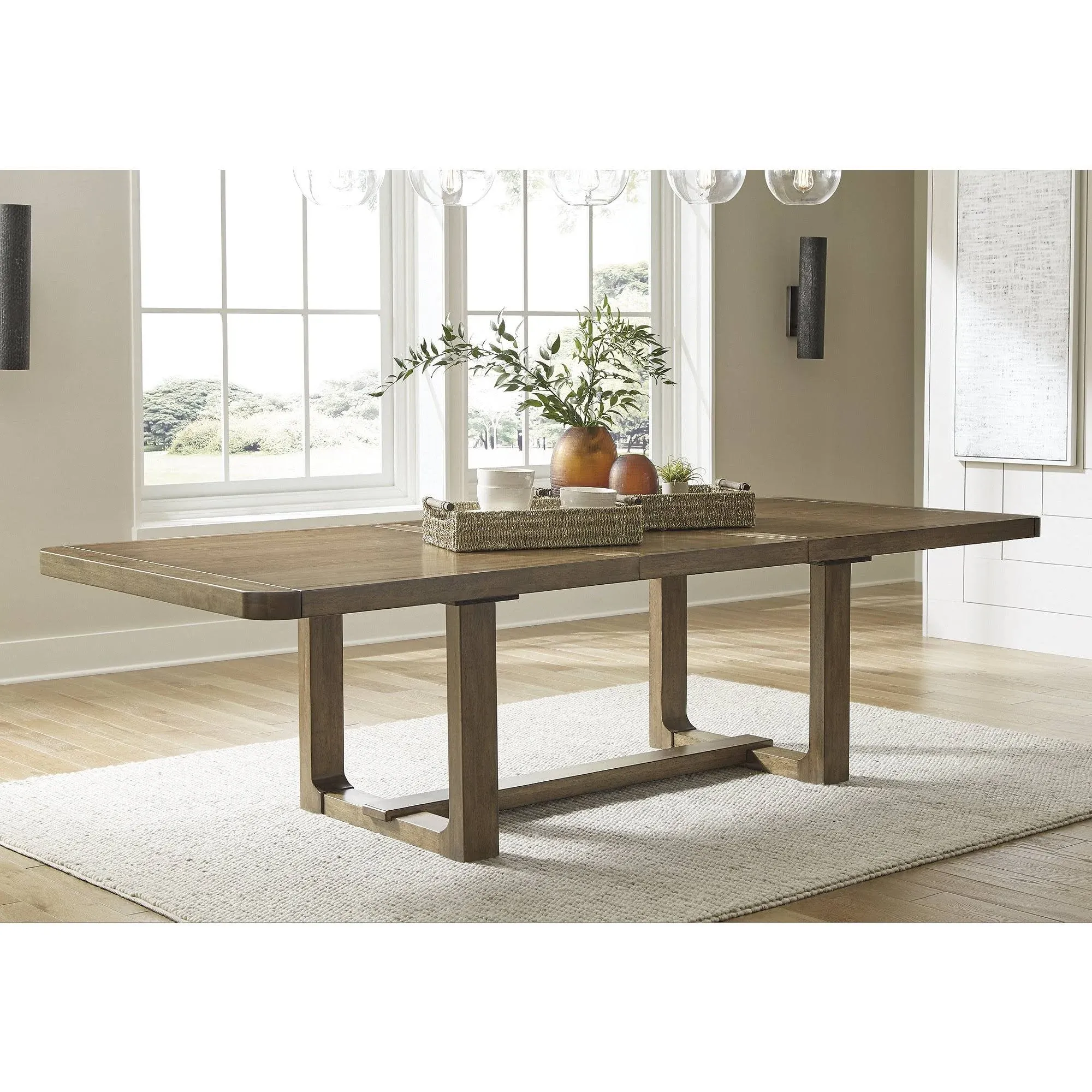 Signature Design by Ashley Cabalynn Farmhouse Dining Extension Table with 1 Removable Center Leaf, Light Brown